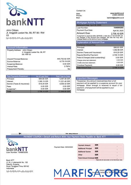 Realistic Indonesia Bank NTT mortgage statement Word and PDF template